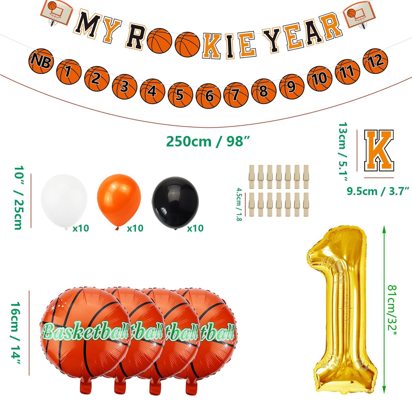 Basketball 1st Birthday Party Supplies, MY ROOKIE YEAR Birthday Banner Decorations, First Photo Banner and 35 Pcs Balloons for B