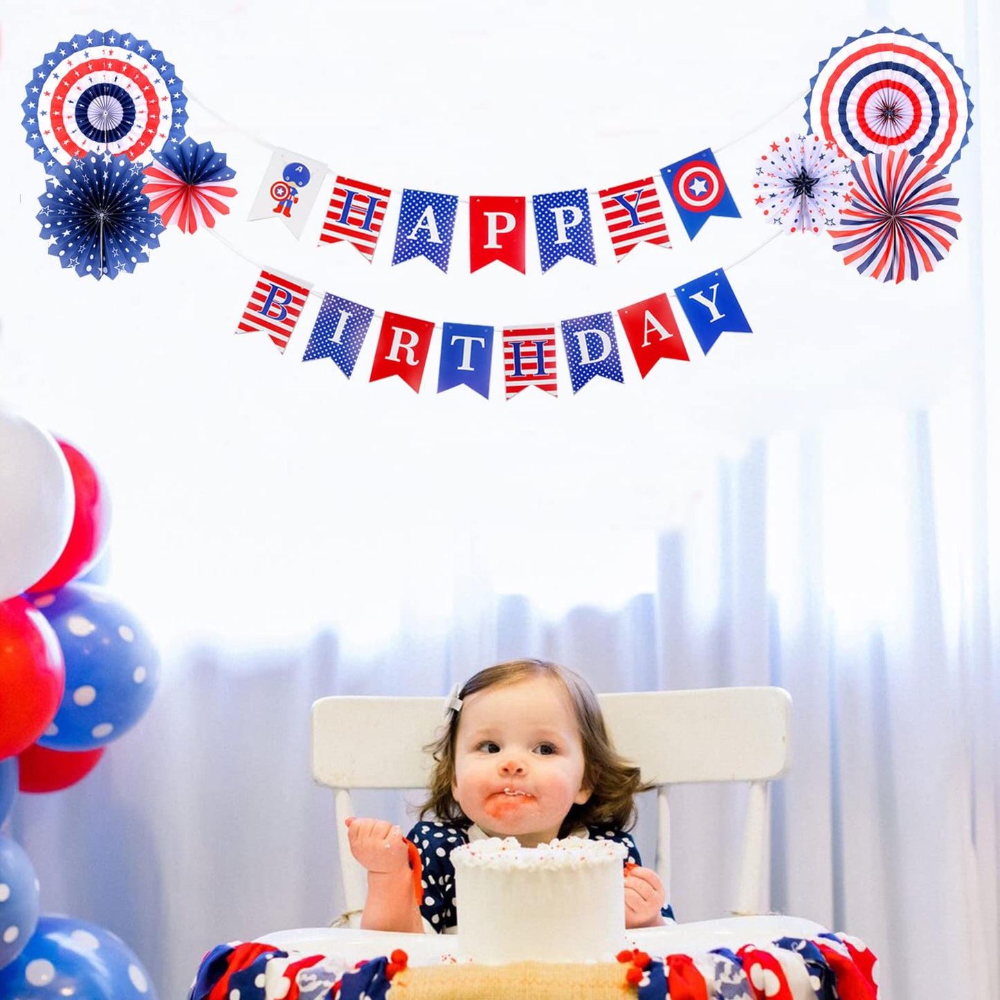 Zwiebeco Birthday Party Decoration Supplies-Red Blue White Happy Birthday Banner Bunting Garland Hanging Paper Fan Kit For Boys