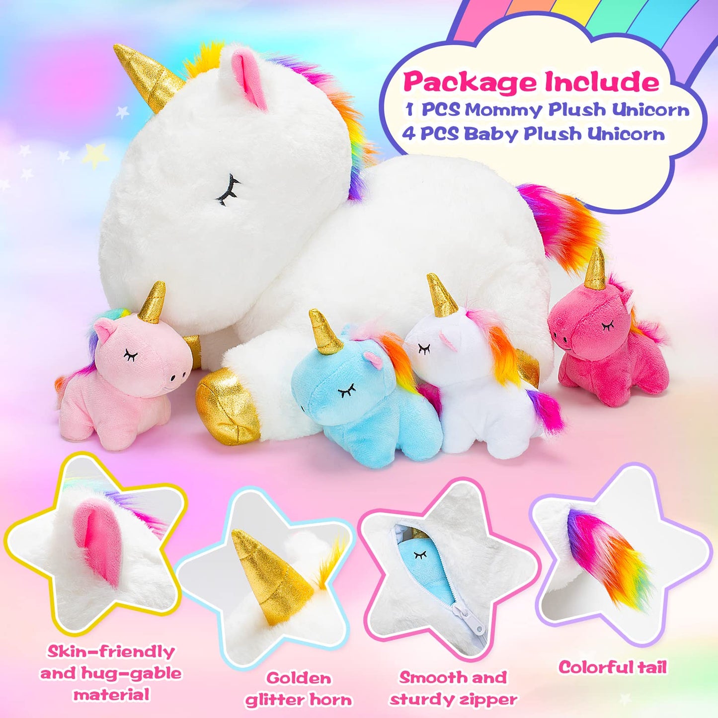 KMUYSL Unicorn Toys Set - Soft Plush Mommy Unicorn with 4 Baby Unicorns, Orange, 5 Piece Assortment, Ideal for Ages 3-8, Perfect Gift