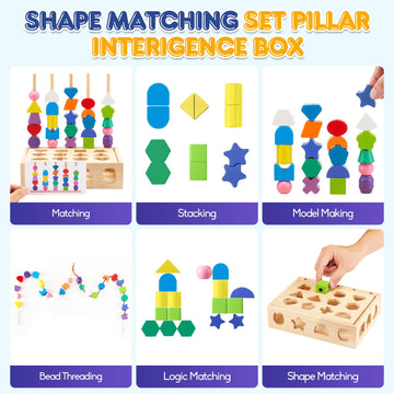 Zgimi 3 In 1 Montessori Wooden Toys, Lacing Beads & Stacking Blocks & Shape Sorter Sequencing Toy Set, Stem Preschool Educationa