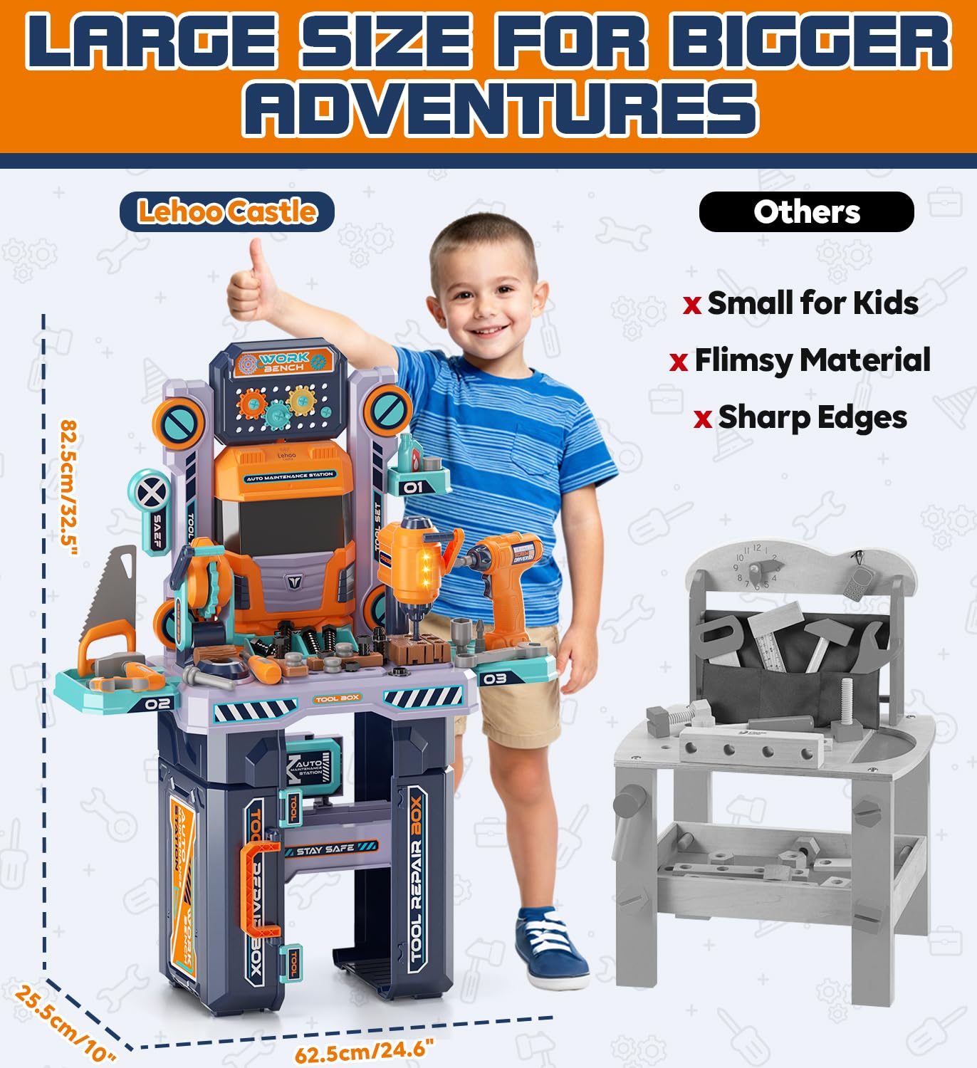 Lehoo Castle Kids Tool Bench, 32.5" Tall, Orange, Plastic, Model TT-006, Toddler Tool Set with Electric Drill, Pretend Play Toys for Ages 3-5