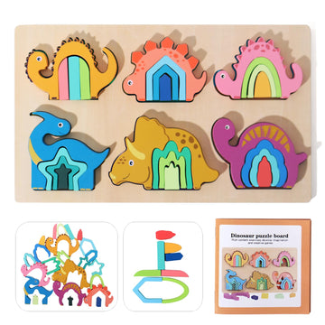 Six In One Wooden Dinosaur Shape Matching Puzzle, Montessori Preschool Educational Toys, Gifts For Boys And Girls Over 3 Years O