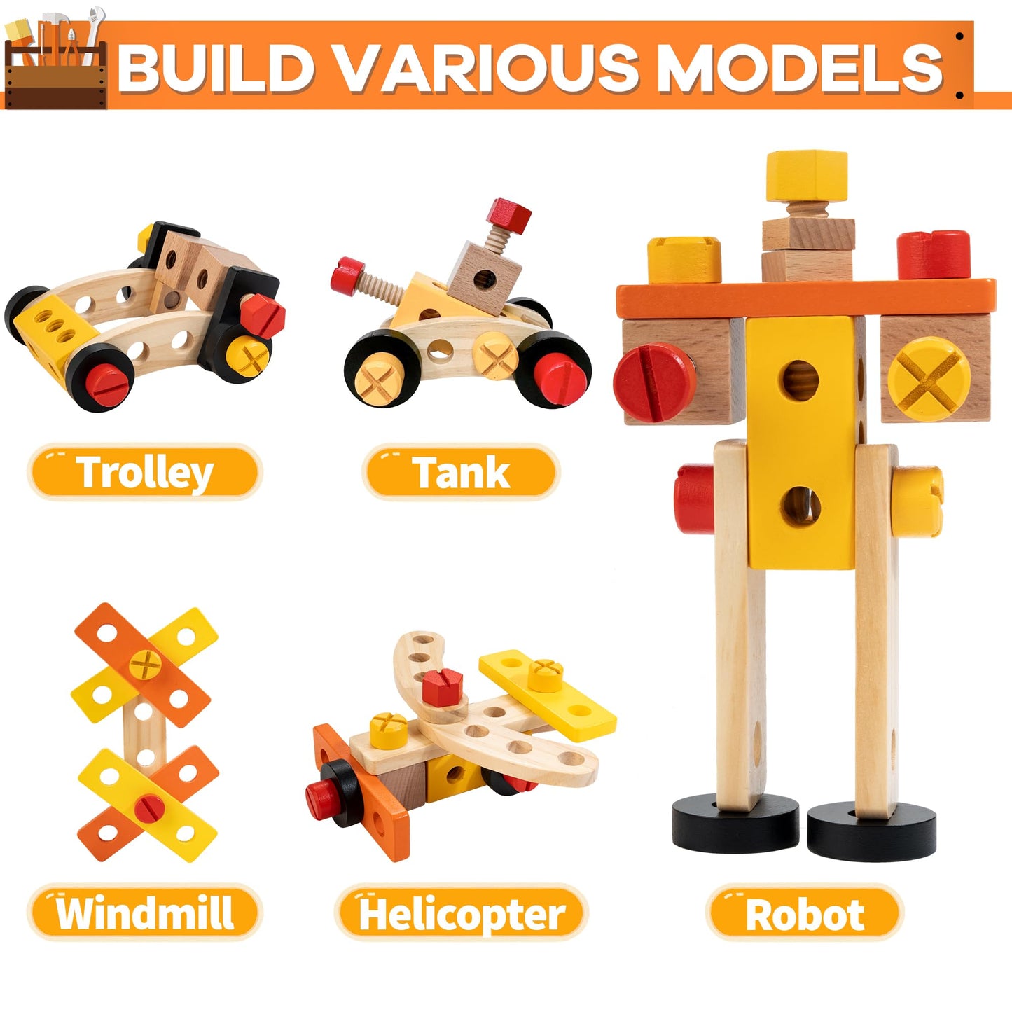 KIDWILL Wooden Tool Bench for Kids, 54-Piece Kids Tool Set with 2-in-1 Workbench & Take-Along Tool Kit, STEM Educational Toy Too