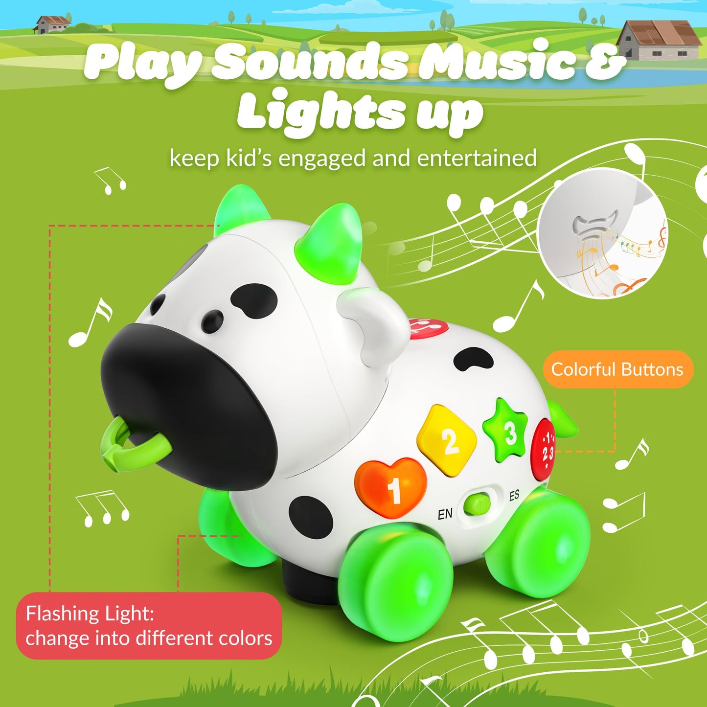 Musical Cow Toys For 1+ Year Old Boy Girl Birthday Gift, 1St For 1 Yr Toddler, Baby Crawling Toy 6-12 Months, Bilingual 12-18 Mo