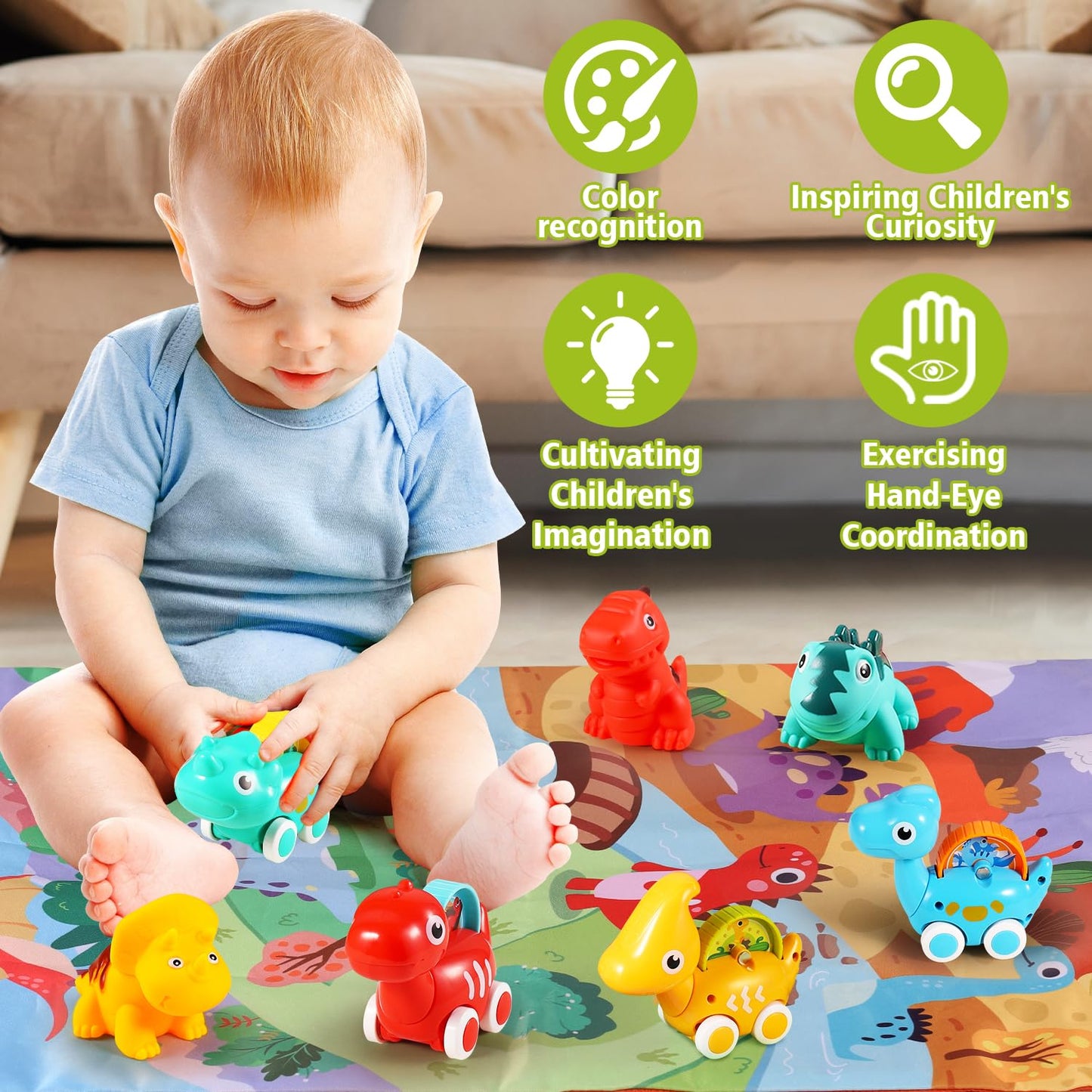 Alasou 7 Pcs Dinosaur Car Toys With Playmat/Storage Bag|1St Birthday Gifts For Toddler Toys Age 1-2|Baby Toys For 1 2 3 Year Old