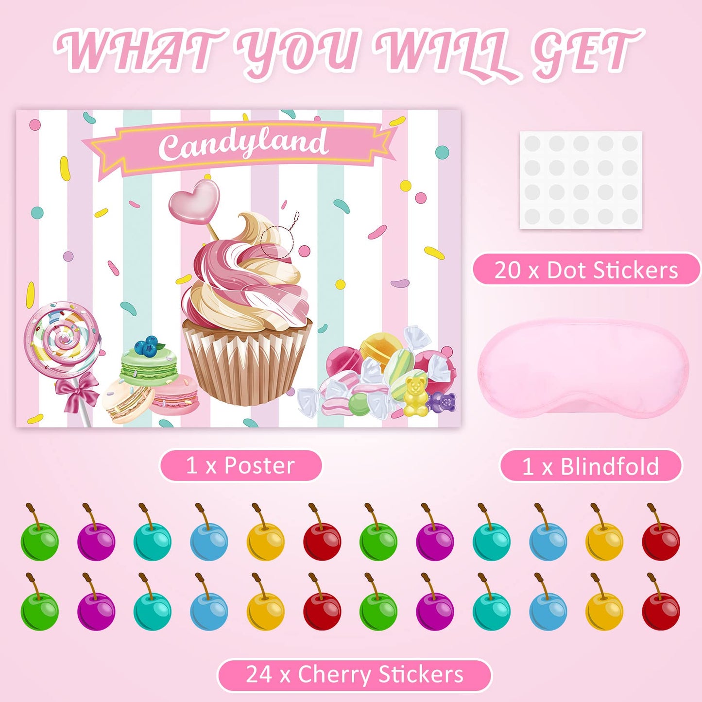 JOARHONAL Pin the Cherry on the Cupcake - Candyland Party Games for Kids Girls 20 x 28 Candy Land Game Poster with 24 Reusable S