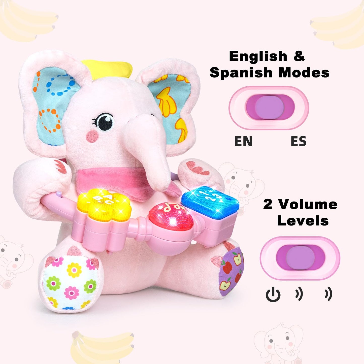 Ryotagift Baby Bilingual Musical Elephant Stuffed Animals Toys,Infant Early Learning Toys With Light-Up Music & Crinkle,Tummy Ti