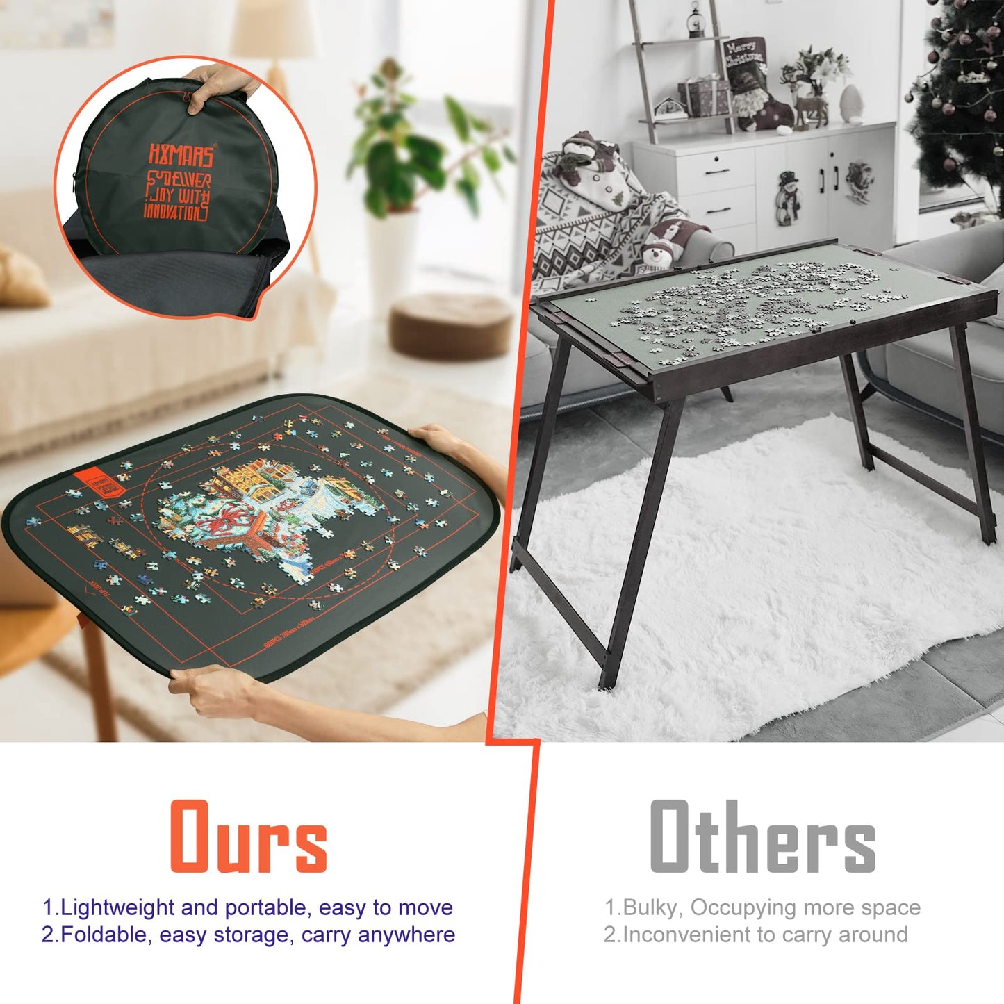Hxmars Foldable Jigsaw Puzzle Board: Large Portable 1000 Pieces Puzzle Mat With Puzzle Sorter Trays, Puzzle Storage Saver To 500 & 1000 Pieces With Storage Bag(Grey)