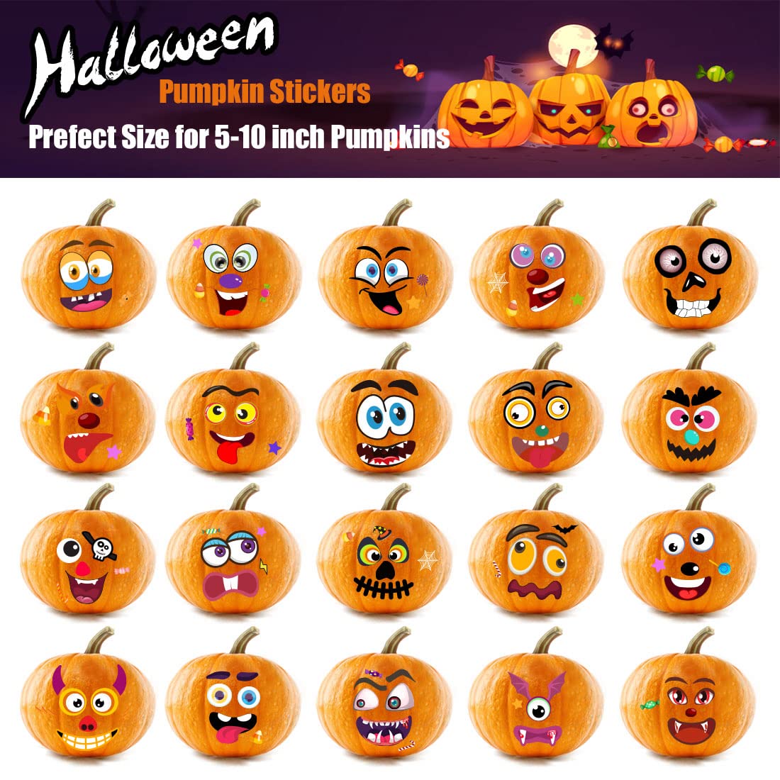 80 Packs Halloween Pumpkin Decorating Kit, Make Pumpkin Face Stickers In 20 Designs, Halloween Stickers For Kids Halloween Party