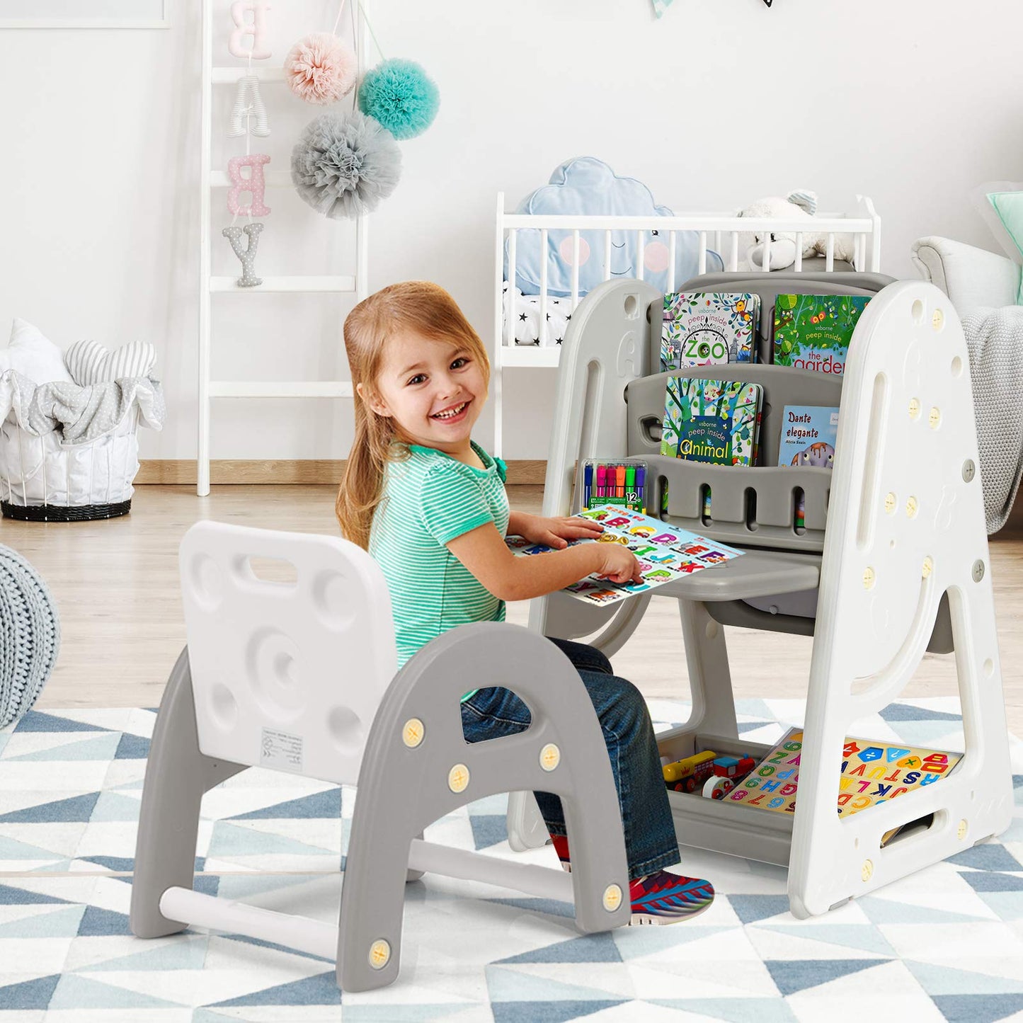 Costzon Kids Art Easel With Stool, 3 In 1 Double-Sided Children Magnetic Dry Erase Board & Book Rack With Foldable Desktop, Adjustable Toddler Table And Chair Set With Magnets (Gray)