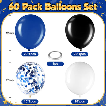 60 Pcs Balloons Kit 12 Inch Confetti Balloons With 2 Rolls Ribbon Latex Balloon Party Favor Metallic Balloons For Memorial Day, Birthdays, Fourth Of July, Halloween Decorations(Black, Blue, White)