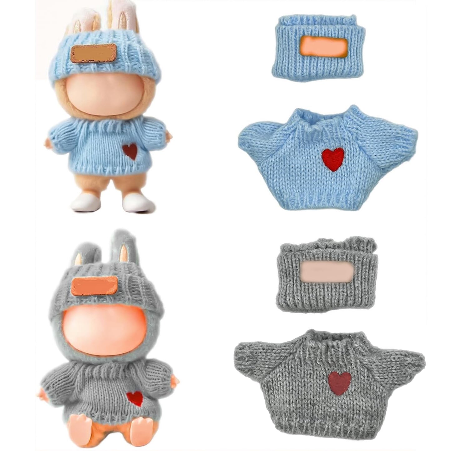 Doll Clothes Compatible with Labubu 2 Set Outfits(4 Pieces)  Adorable 17cm/15cm Handcrafted Crochet Doll Clothes Ropa Designer Accessories for La Bubu Hat & Sweaters (Blue &Gray)