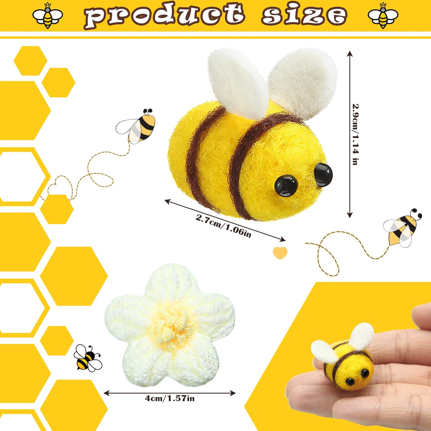 Moukeren 72 Pcs Felt Bees for Crafts and Crocheted Spring Flowers Set, Wool Fuzzy Bee Decorations Plush Knitted Flowers for DIY