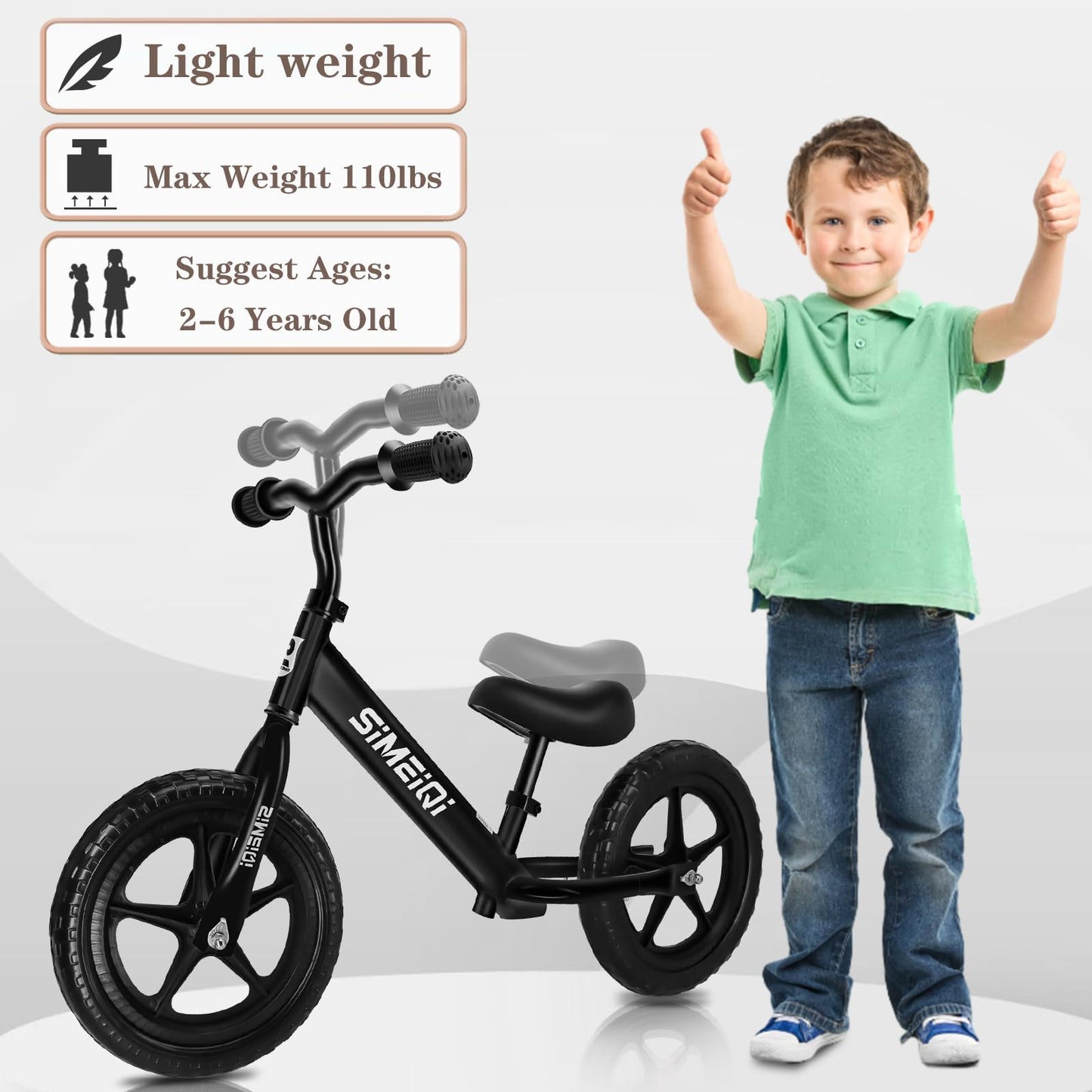 Simeiqi 12' Balance Bike For Boys Girls 2 3 4 5 Years Old No Pedal Walking Balance Training Sports Bicycle For Kids Toddlers Lightweight Adjustable Seat & Handlebar