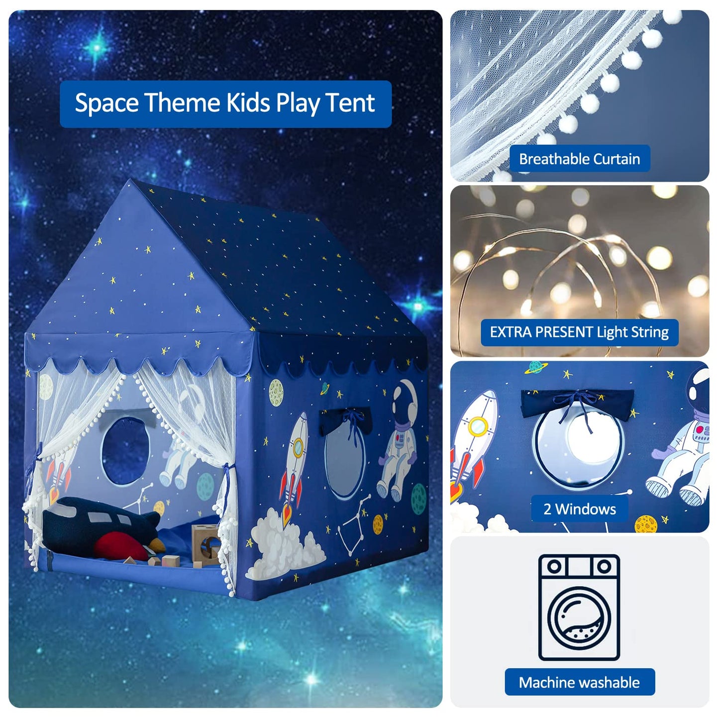 Kids Play Tent Playhouse Indoor Tent For Kids Boys Toddler, Large Castle Play House Bed Tents Spaceship Outer Space Rocket Blue