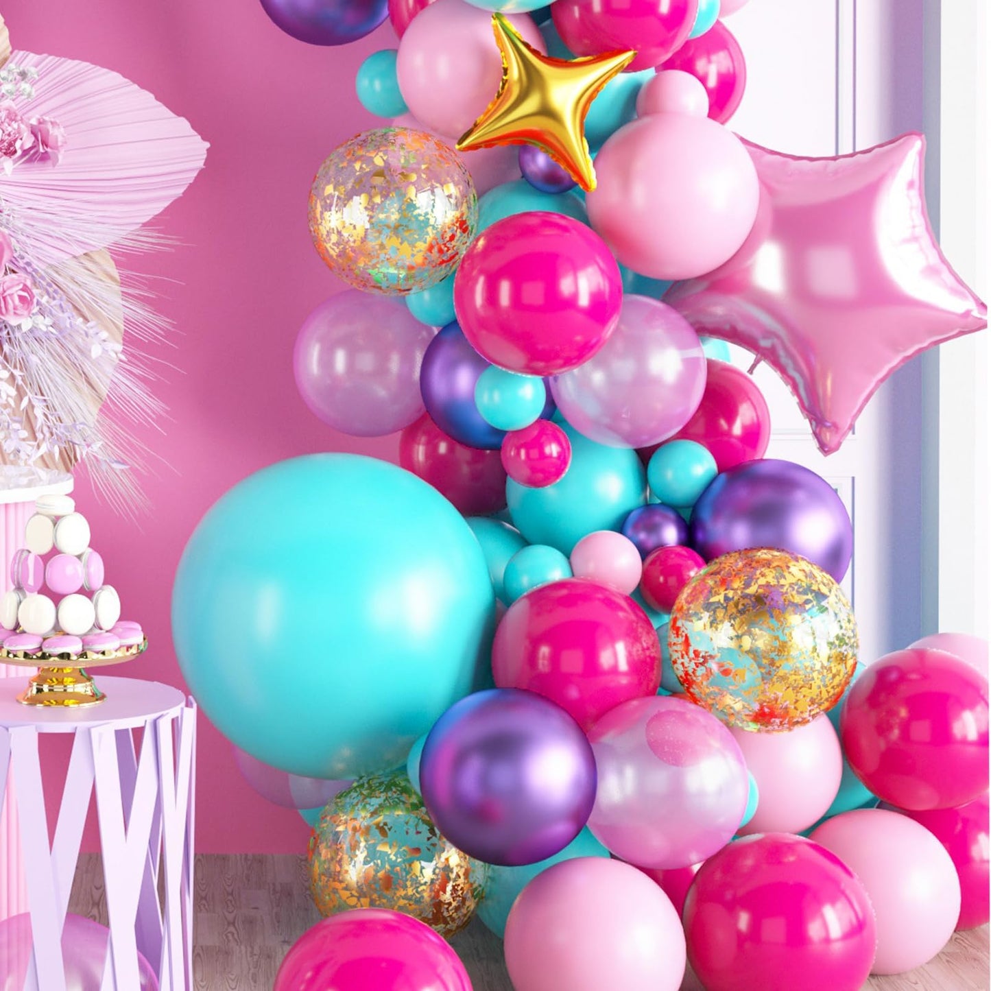 Pink Purple Balloon Arch Kit, Blue Pink Purple Balloon Arch Kit, Hot Pink Teal Balloons Arch, Hot Pink Balloon Garland With Conf