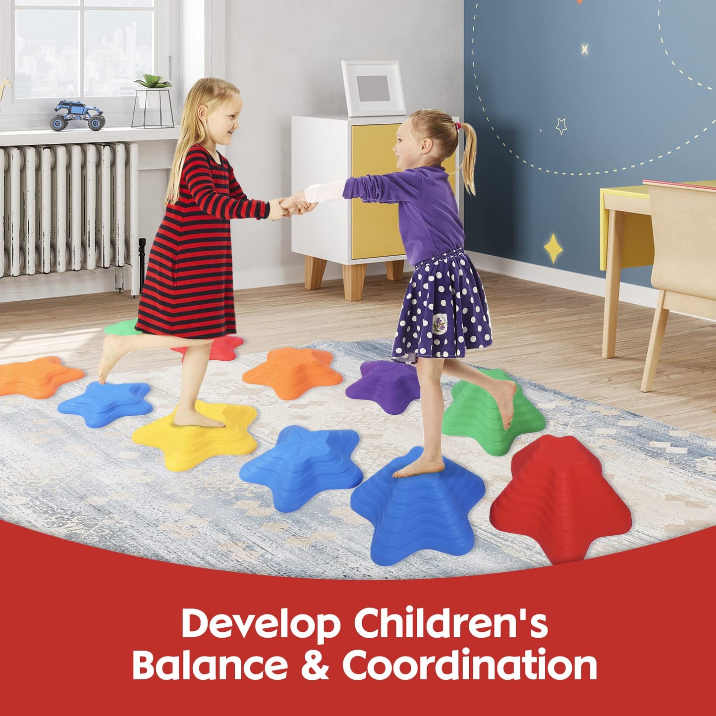 Balance Stepping Stones For Kids 11Pcs Anti-Skidding Stepping Stones Set Balance Blocks Indoor & Outdoor Kids Fitness Equipment Promotes Balance Coordination & Strength(Star)
