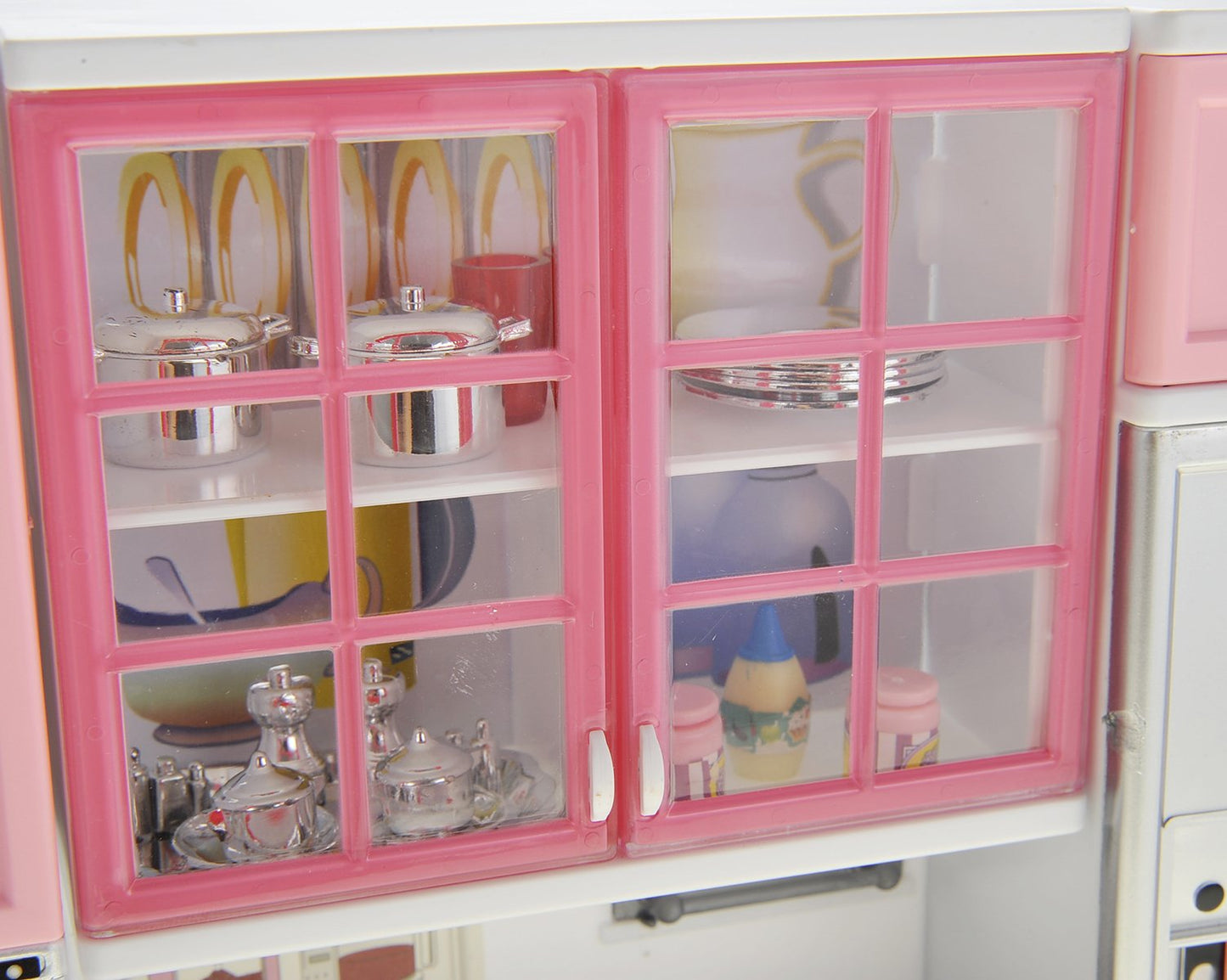 PowerTRC Doll Kitchen Play Set, Mini Modern Toy Pink Kitchen Pretend Play Furnitures Toy Set Accessories Set with Realistic Ligh
