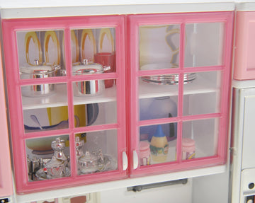 PowerTRC Doll Kitchen Play Set, Mini Modern Toy Pink Kitchen Pretend Play Furnitures Toy Set Accessories Set with Realistic Ligh