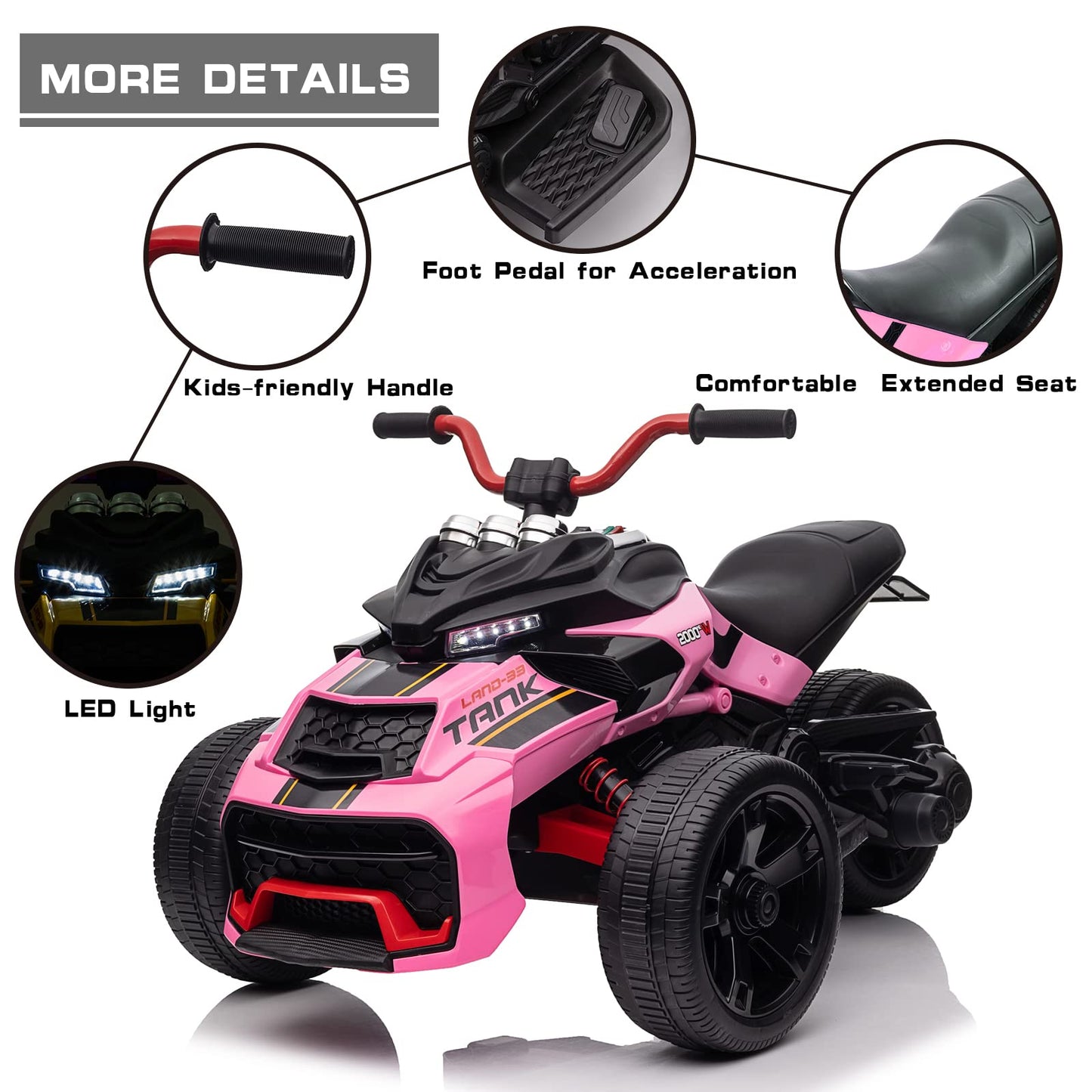 Postack 24V Kids Atv, 3 Wheeler Kids Electric Ride On Motorcycle, Rechargeable Battery Powered Kids Electric Vehicle With Eva Ti