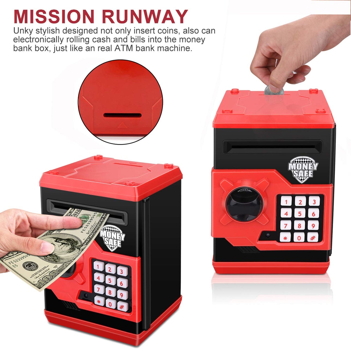 Adsoner Cartoon Piggy Bank, Electronic Atm Password Cash Coin Can Auto Scroll Paper Money Saving Box Gift For Kids (Red)