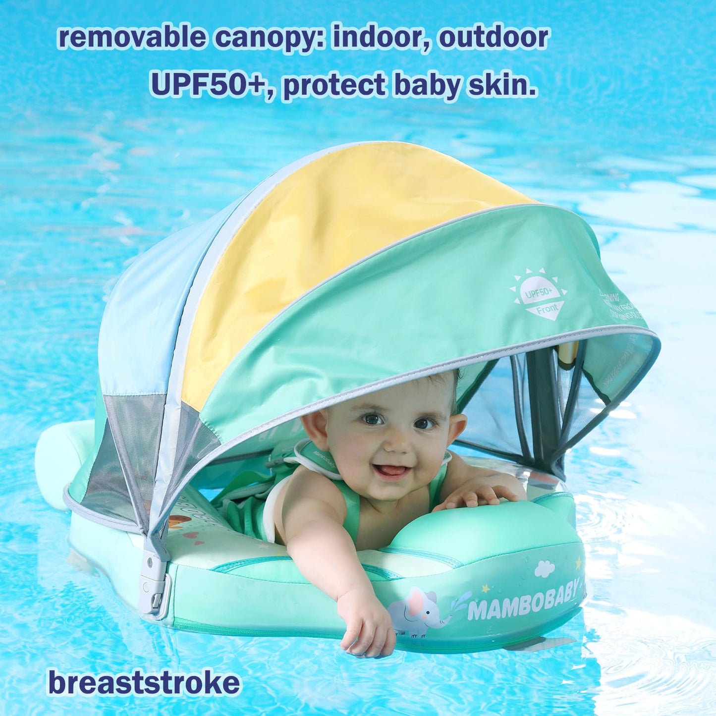 Mambobaby Float With Canopy Size Improved Non Inflatable Infant Baby Pool Float Smart Mambo Float Swim Trainer Add Tail Baby Swim Float Mambo Baby Float Solid Air Free Water Waist Swimming Ring