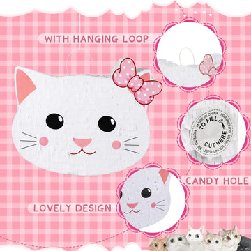 Cat Piñata Cat Birthday Party Supplies Kitty Cat Piñatas For Birthday Party Cat Party Decorations With Blindfold Bat And Confetti For Party Baby Shower Decors, 14.5 X 11.8 X 2.7 Inch, Pink And White