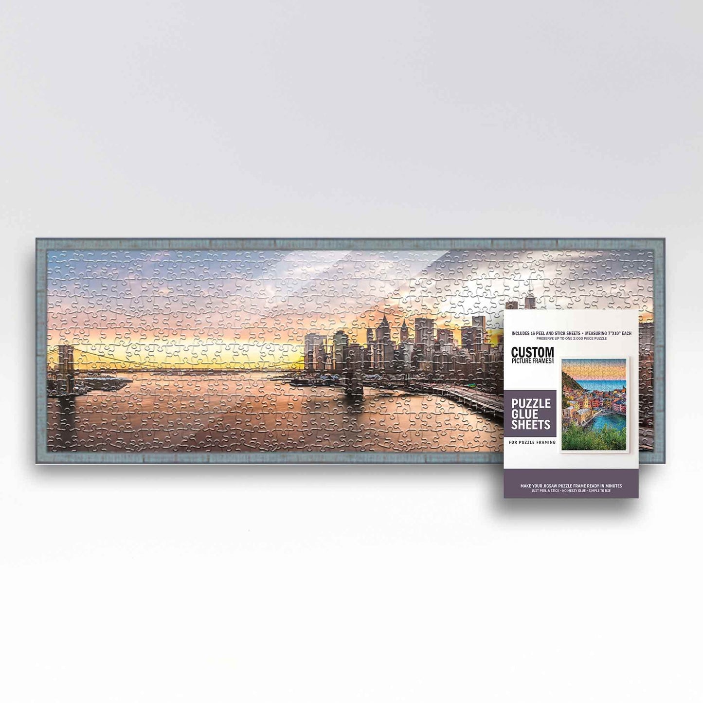 13X39 Frame Blue Wood Picture Frame Set With Peel And Stick Puzzle Glue Sheets | Interior Depth 0.5 Inches | Rustic Blue Puzzle