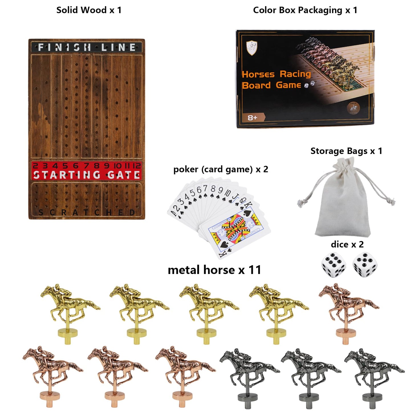 Horse Racing Board Game Comes With 11 Luxurious Metal Horses,2 Dice And 2 Boxes Of Cards Solid Wood Horse Racing Board Color Box