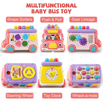 Music Activity Bus Baby Toy, Infant Education Learn Car, Sound & Light, Interactive Game, Shape Sorter, Animal Matching, Holiday Birthday Present For Toddler Kid Boy Girl 3 4 5 6 7 Years (Pink)