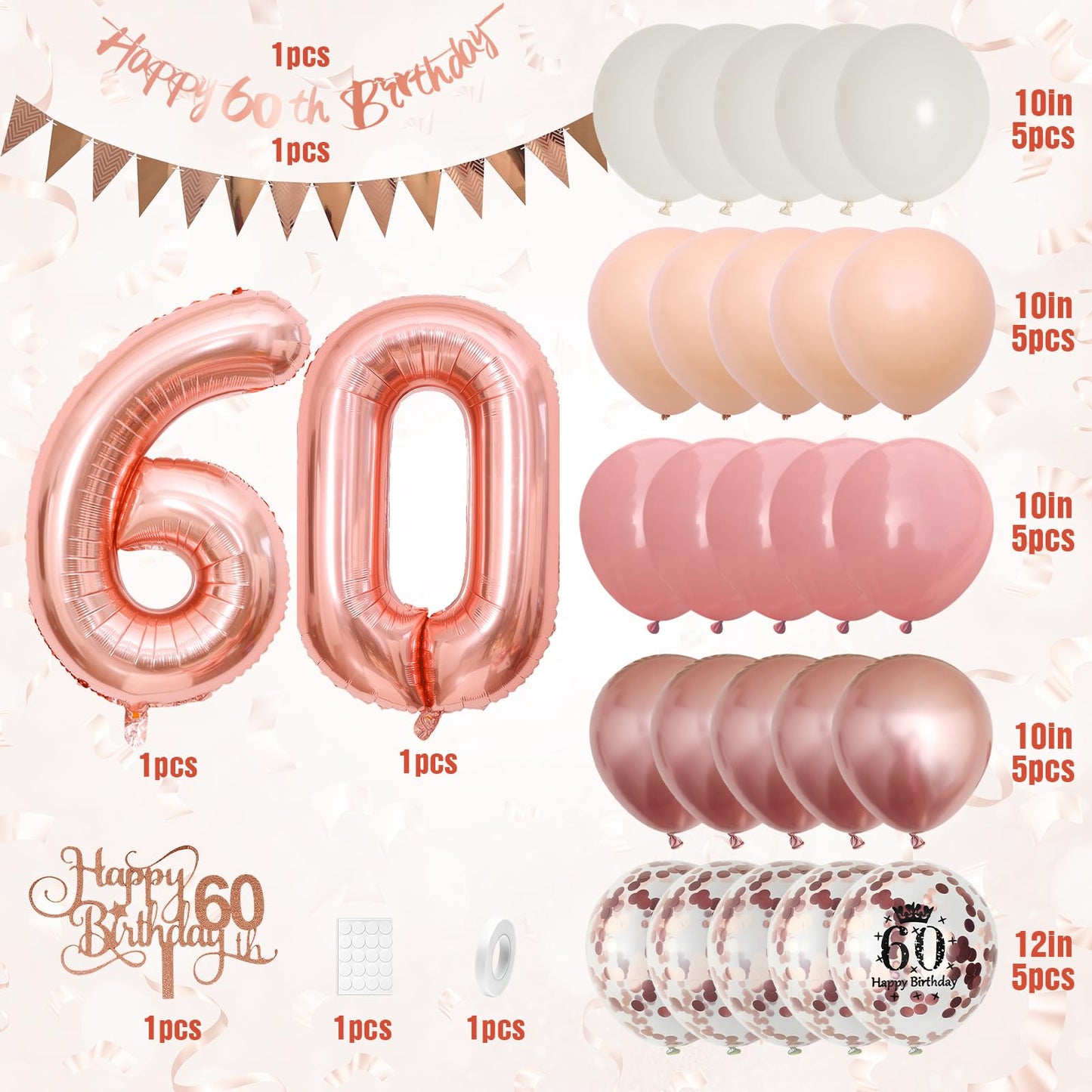 60Th Birthday Decorations Retro Pink Rose Gold,60Th Birthday Balloons,Happy 60Th Birthday Banner With Cake Toppers Rose Gold Num