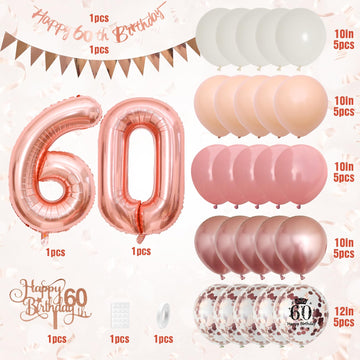 60Th Birthday Decorations Retro Pink Rose Gold,60Th Birthday Balloons,Happy 60Th Birthday Banner With Cake Toppers Rose Gold Num