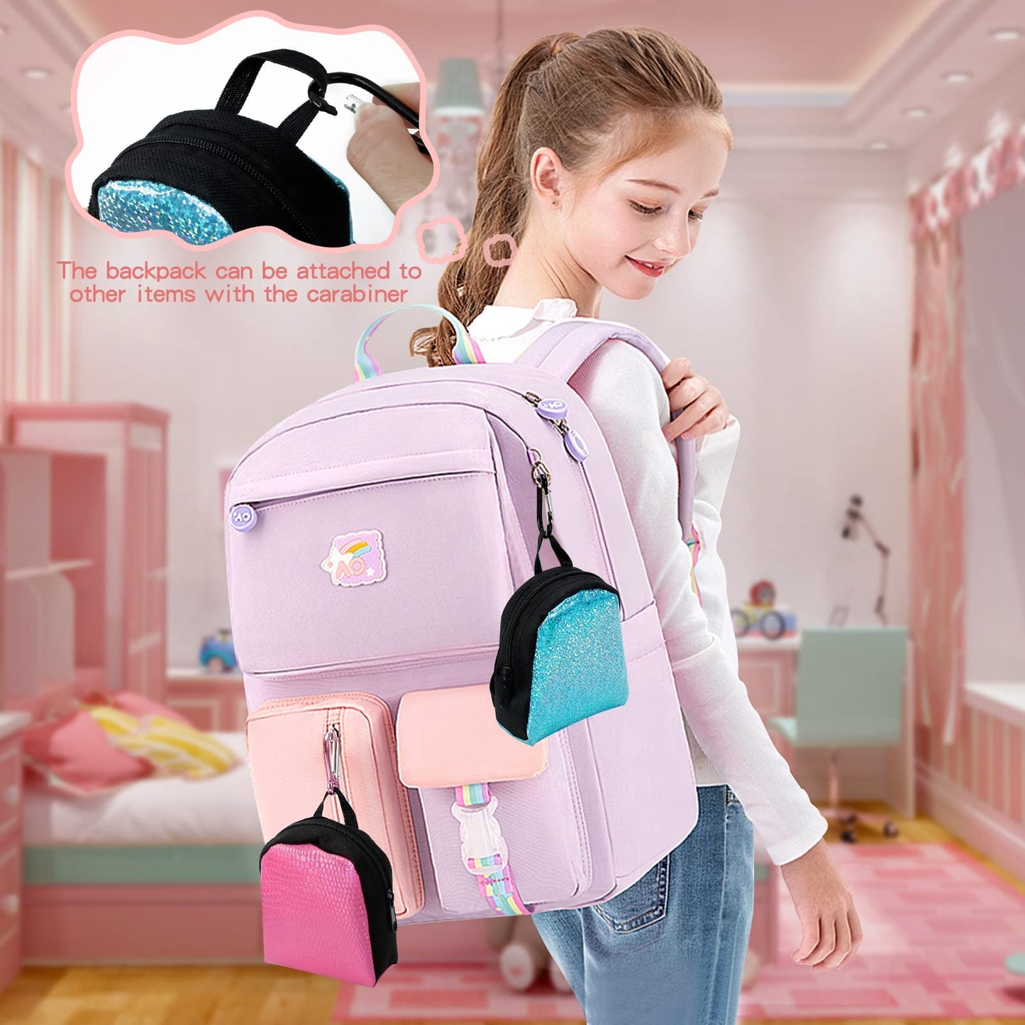 Euclidean Cube 2 Pieces Mini Doll Backpack Toys With 12 Stationery Surprises Inside, Collectible Mini Backpack For Doll With Carabiner, Doll School Supplies For Boys And Girls (Styles And Color Vary)