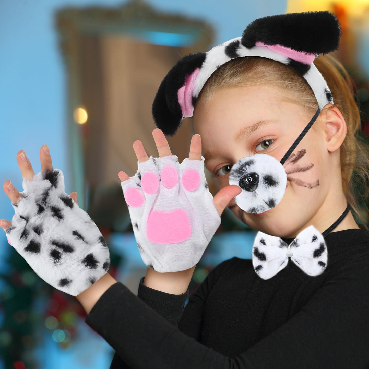 Syhood Puppy Dog Costume Set Kids Dog Ears Headband Bowtie Nose Tail Paw Gloves Dog Animal Costume Accessories For Carnival(Blac