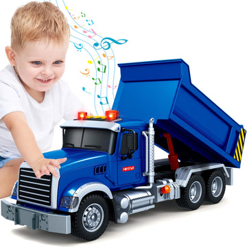 Kids Toys for 3 4 5 6 7 8 Years Old Boys, 15'' Large Dump Truck Toy with Lights, Sounds, Blue Toddler Friction Powered Truck Veh