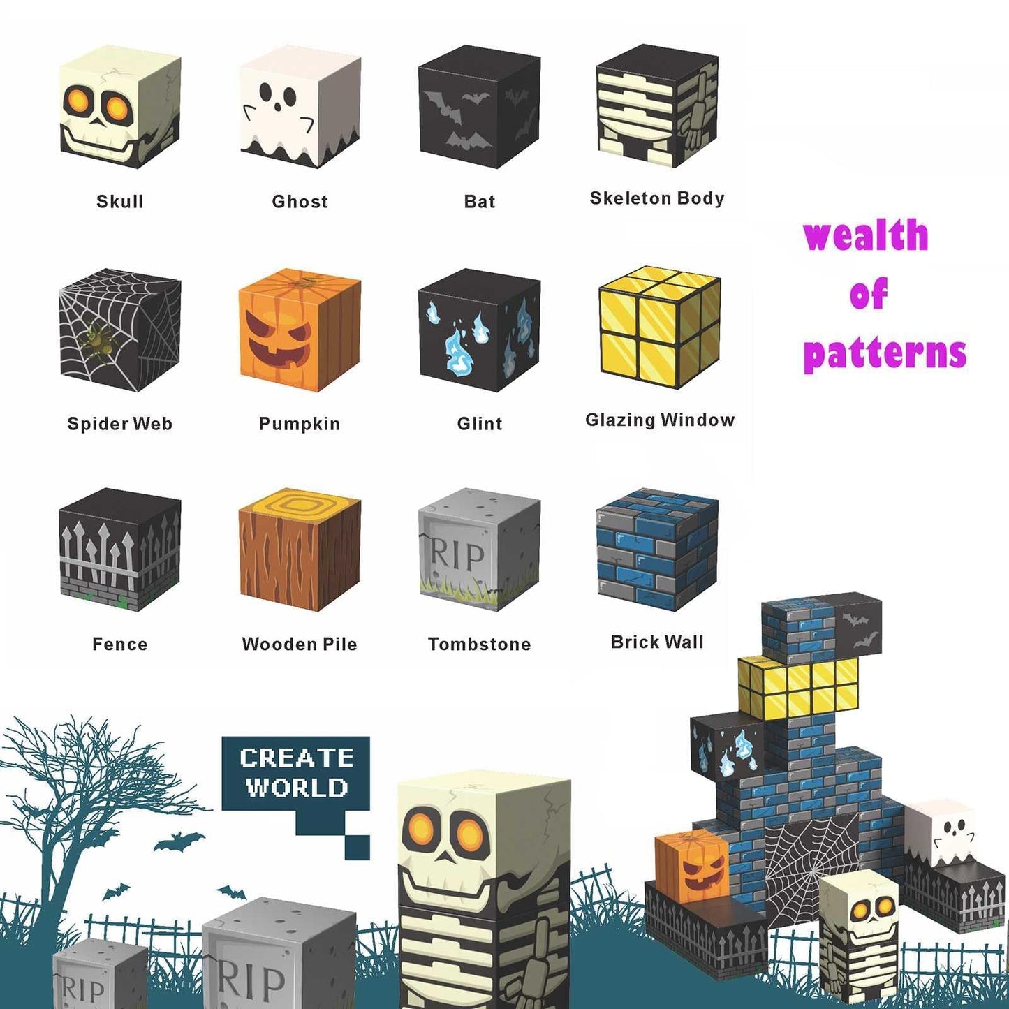 amdohai Magnetic Blocks Halloween Toys for Kids Spooky Town Building Set Halloween Cemetery Party Gift Boys 3+