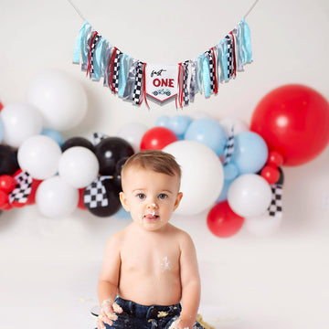 Agkvw Fast One High Chair Banner, Race Car Theme Birthday Decor, 78" x 9", Red, Fabric, Model 001