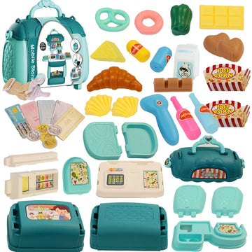 Shape28 Store Bag Pretend Play Store Toddler Toys 62 PCS Shopping Cart for Kids with Play Kitchen Prop Money Pantry Storage Cash