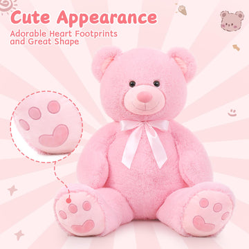 Morismos Giant Teddy Bear Stuffed Animal 4Ft, Big Teddy Bear Plush For Baby Shower, Cuddly Large Stuffed Bear Gifts For Kids, Girls, Girlfriend, Women On Valentine, Christmas, Birthday(Pink)