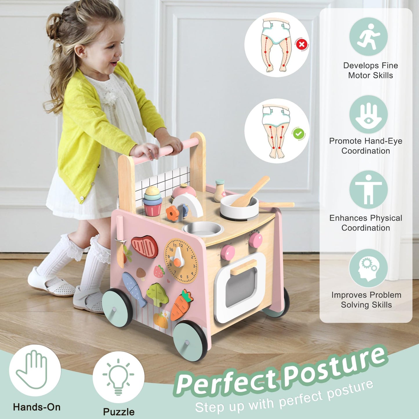 Wiqins Wooden Baby Walker 9-In-1 Activity Center With Toddlers Montessori Sensory Toys And Play Kitchen Push Walker For Kids Wit