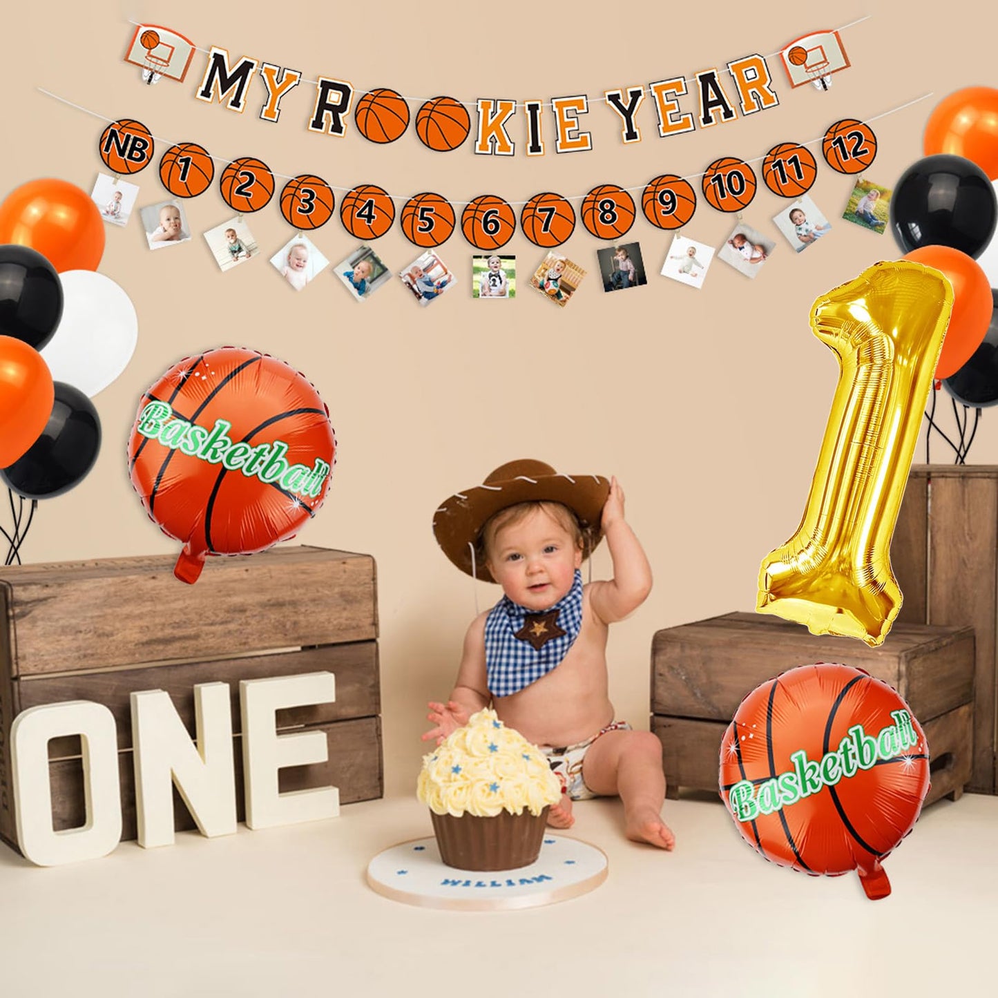 Basketball 1st Birthday Party Supplies, MY ROOKIE YEAR Birthday Banner Decorations, First Photo Banner and 35 Pcs Balloons for B