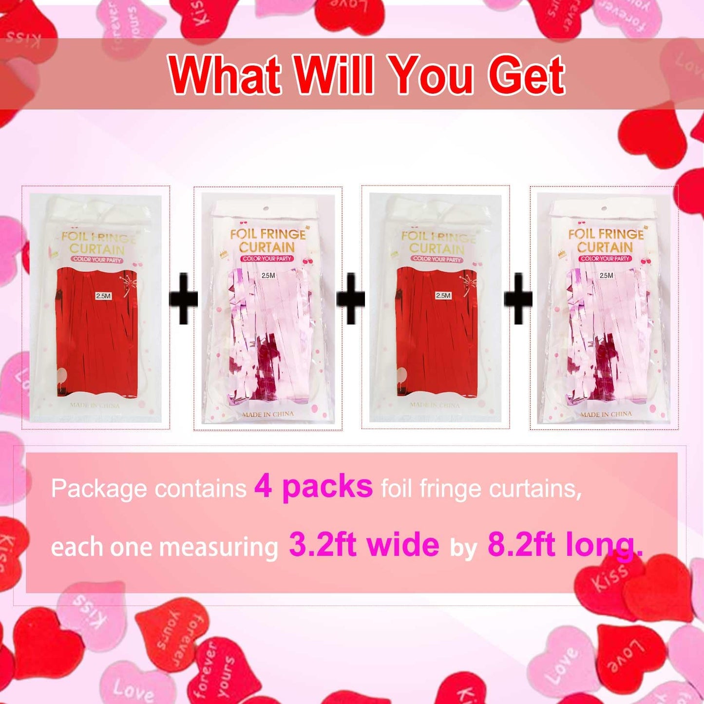 EUFARS Valentines Day Party Decorations - 4 Pack of 3.2x8.2ft Red Pink Foil Fringe Curtains Streamers Backdrop for Birthday Gale