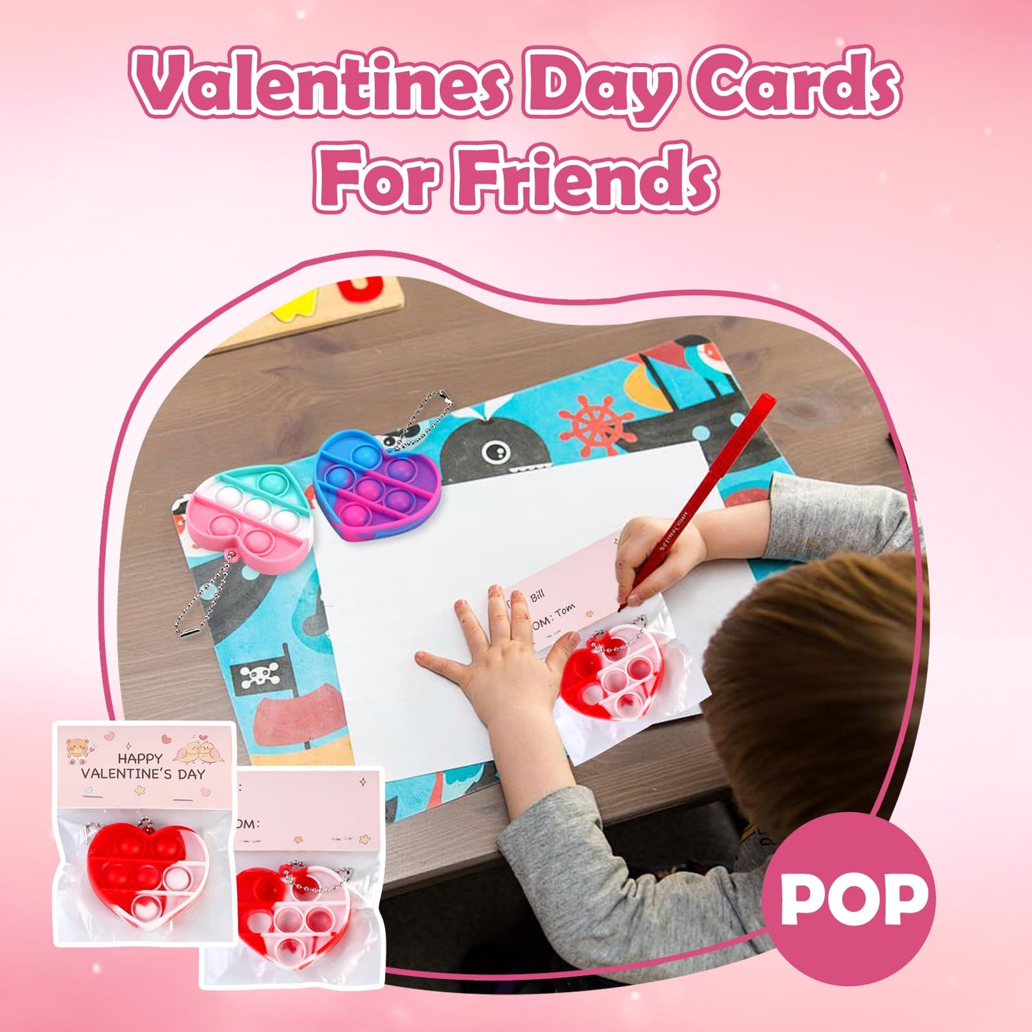 32Pcs Heart Shape Pop Fidget Toy With Valentine'S Day Card For Kids,Valentines School Classroom Exchange Kit For Kids, Party Fav