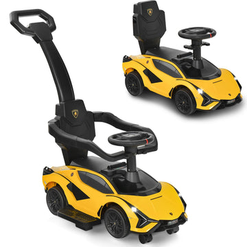 Infans 3 In 1 Ride On Push Car, Licensed Lamborghini Baby Stroller Sliding Walking With Parent Control Handle, Music, Headlight, Under Seat Storage, Kids Foot-To-Floor Toy For 18-60 Months (Yellow)