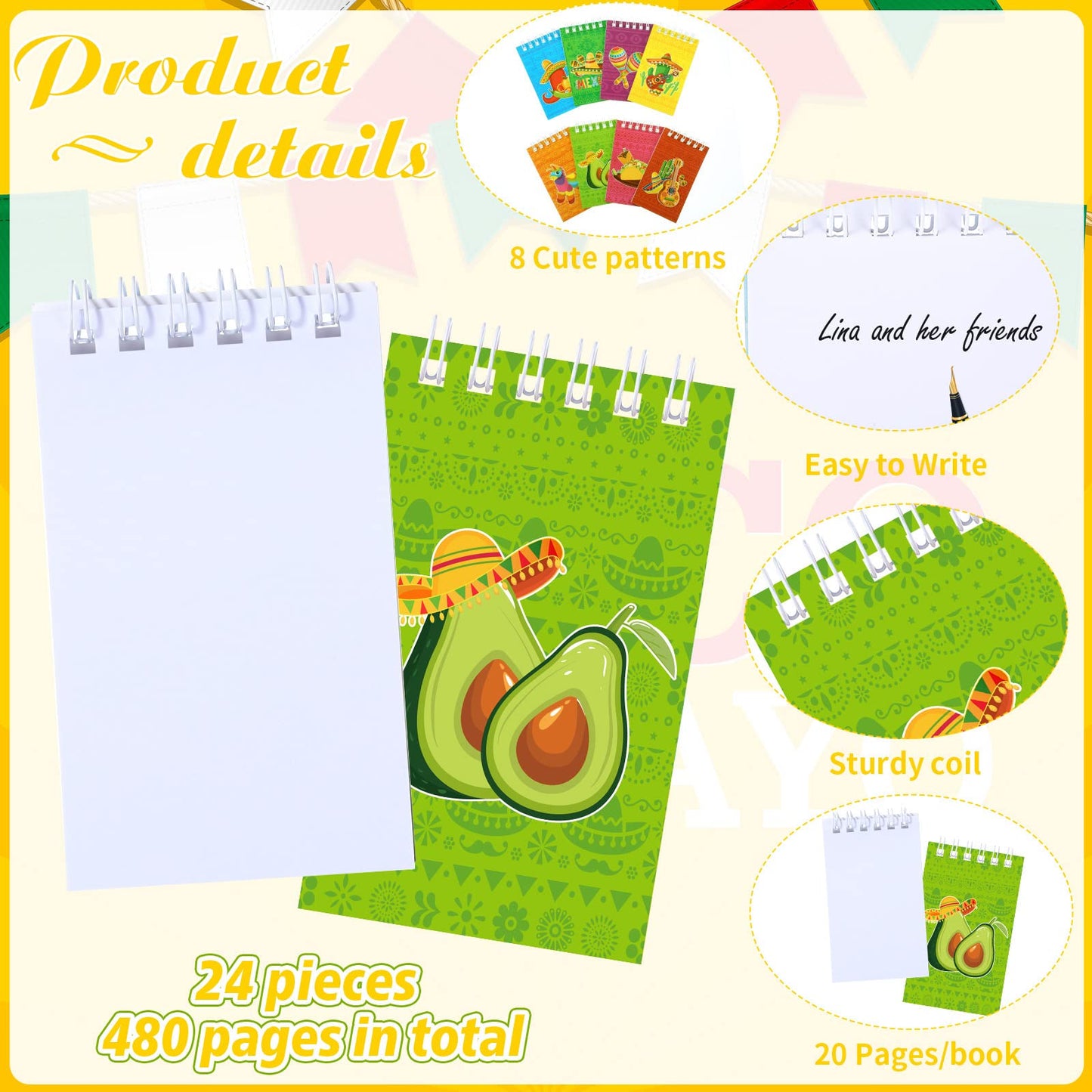 24 Pieces Small Mexican Spiral Notepads Mexican Memo Pads Cinco De Mayo Fiesta Notepads Mini Fiesta Theme Spiral Notebooks for M