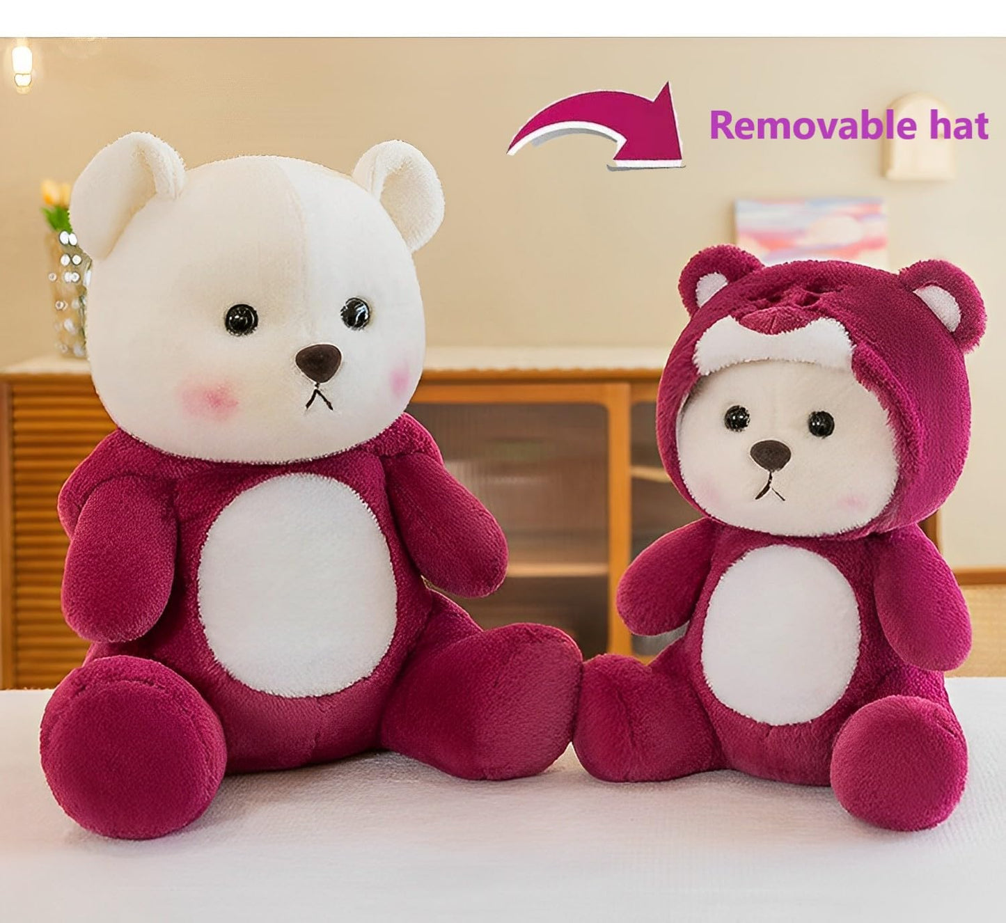 Bilibang Cartoon Plush Teddy Bear Toy, 11" Cotton, Pink Strawberry Bear, Removable Stitchhat