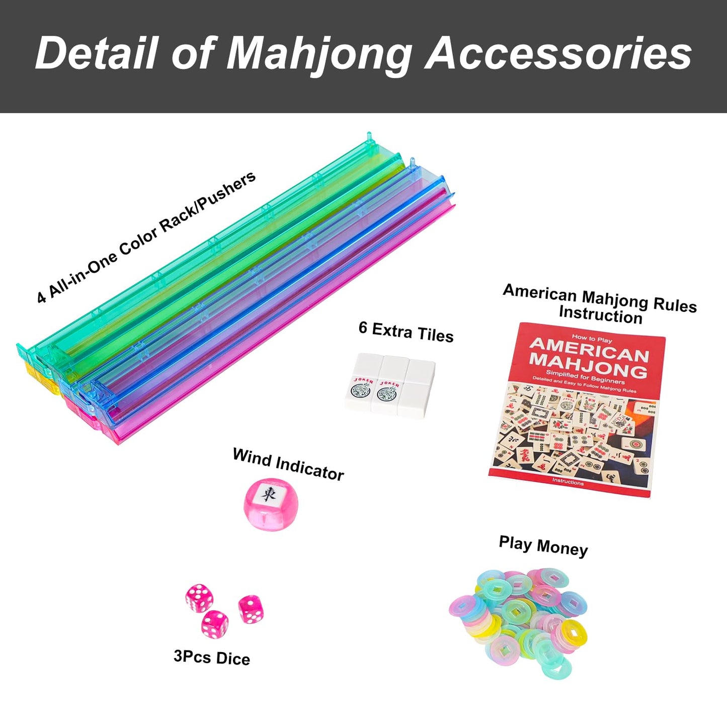 Gustaria American Mahjong Game Set, 166 White Tiles, 4 All-In-One Color Rack/Pushers, Complete Mahjong Set With Pink Printed Car