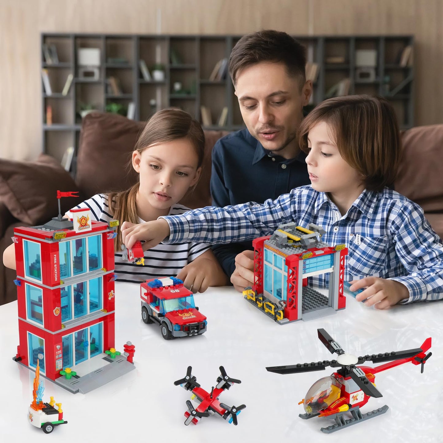 City Fire Station Building Blocks Set With Fire Truck, Fire Rescue Helicopter,Drone & Fire Engine Toys,Fire Command Center Playset, Firefighters Roleplay Toy Gifts For Kids Boys Girls Ages 6+(744Pcs)