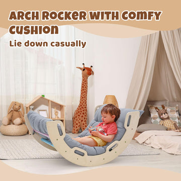 Cosyland Kids Climber Arch Rocker With Cushion,Wooden Indoor Pikler Climbing Toys For Toddler With 4 Handrails On Each Side,Pain