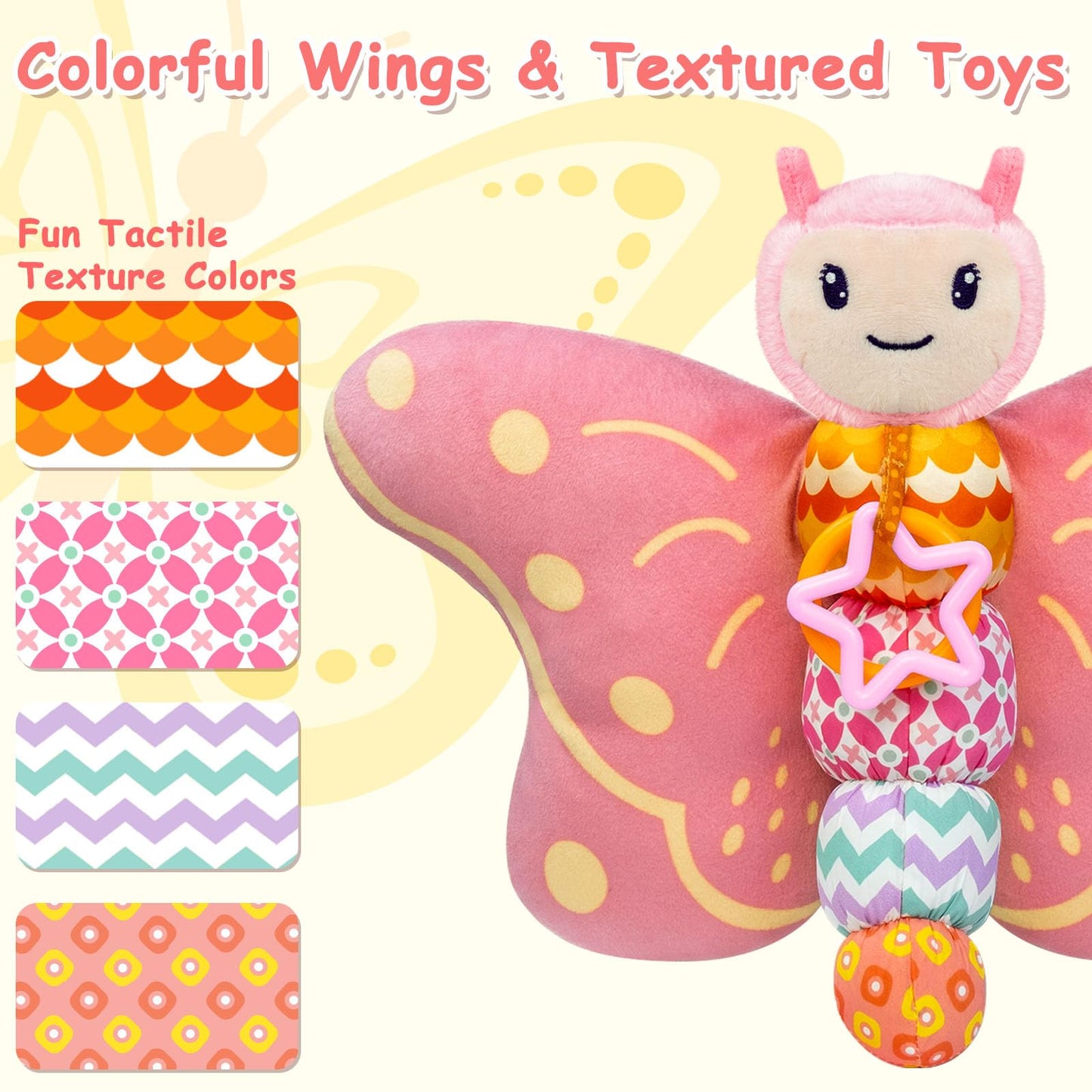 Baby Toys 0-6 Months,Infant Musical Sensory Stuffed Animal With Squeaker,Rattle,Crinkle Wings,Teether & Hanging Ring,Tummy Time